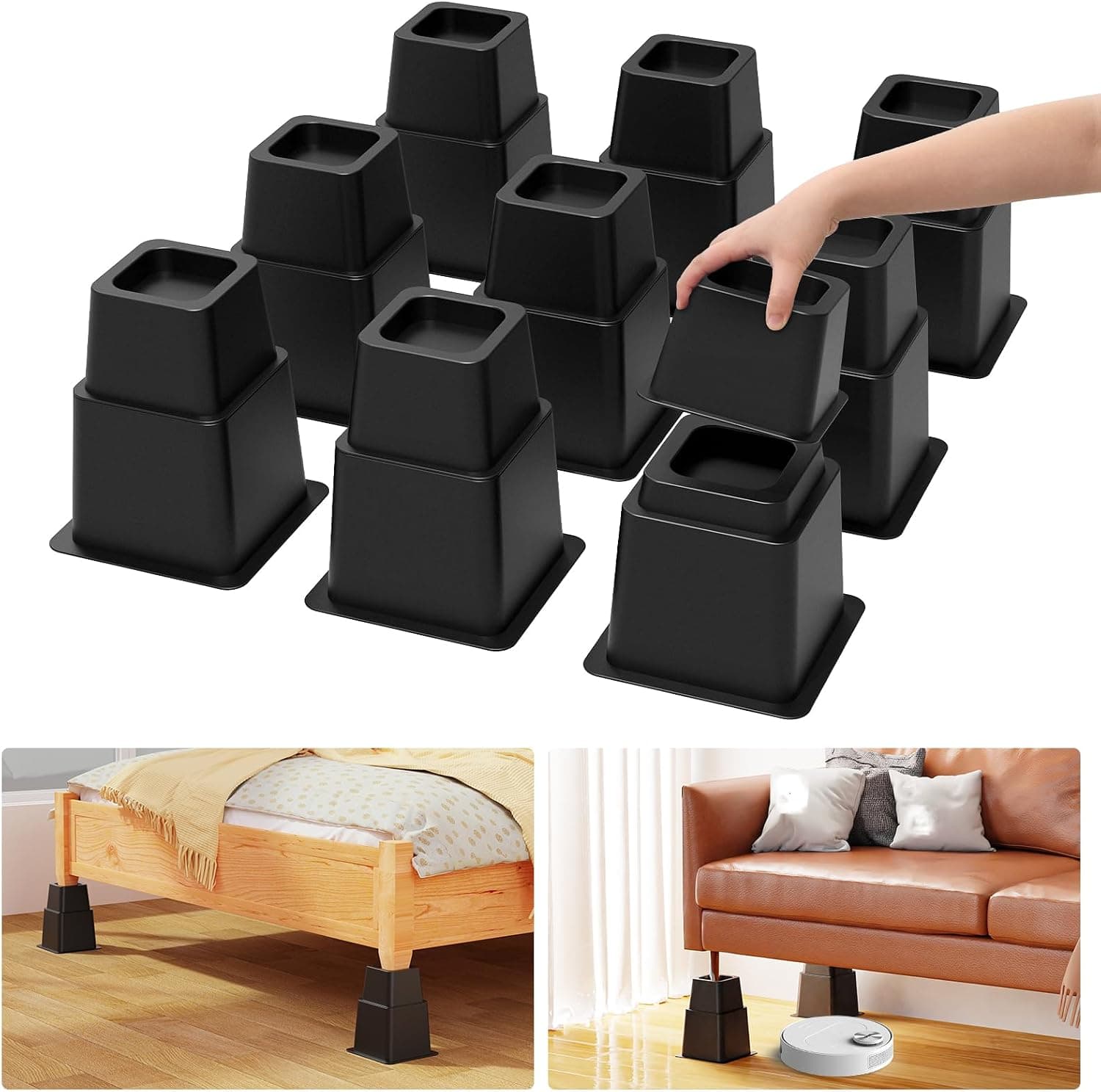 VANITURE 3/5/8 inch Bed Risers Heavy Duty, Adjustable, Support up to 1500 Lbs, Set of 9, Black