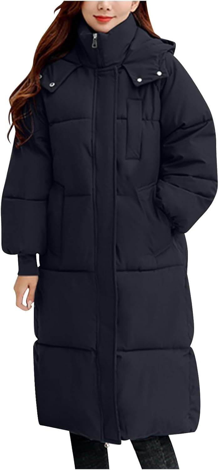 Winter Full Length Maxi Puffer Jacket for Women Loose Padded Hooded Quilted Parka Coat Thickened Warm