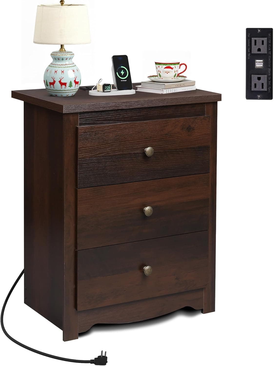 WLIVE Tall Nightstand with Charging Station, Wood Night Stand with 3 Drawers, 2 USB Ports and Outlets, Espresso