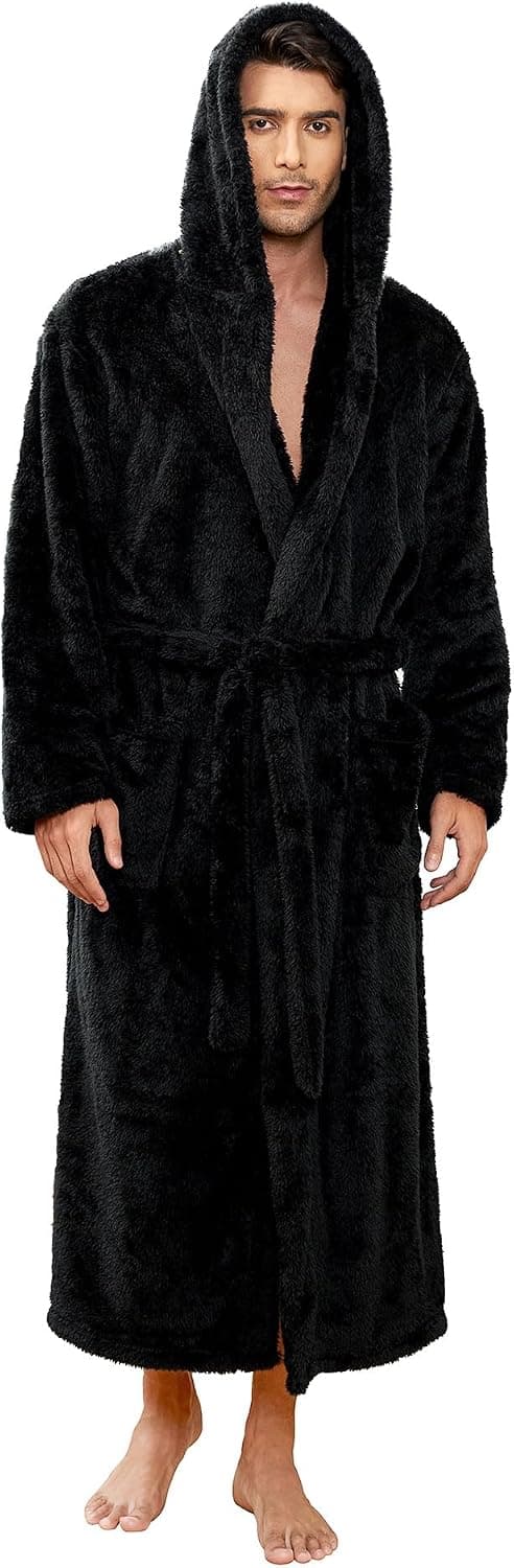 Vulcanodon Mens Robe Big and Tall with Hood, Full Length Plush Robe for Men Long Fleece Bathrobe, Black