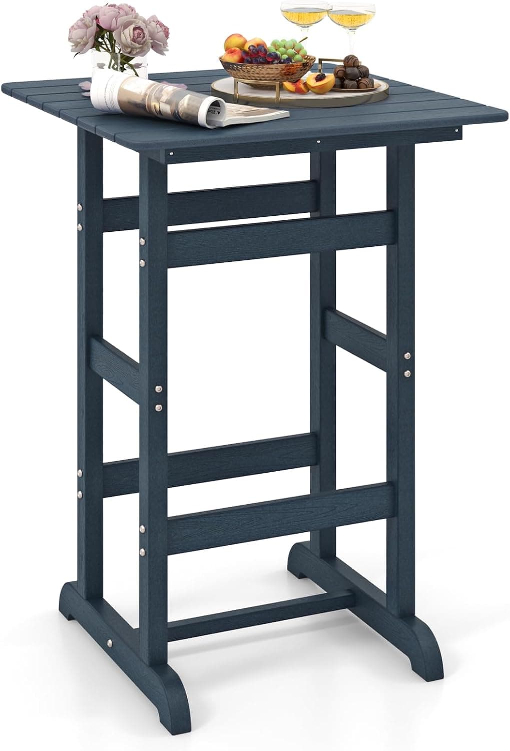 Giantex 42" Height Outdoor Tall Bar Table, HDPE Square Pub Table with Wood Grains, Navy
