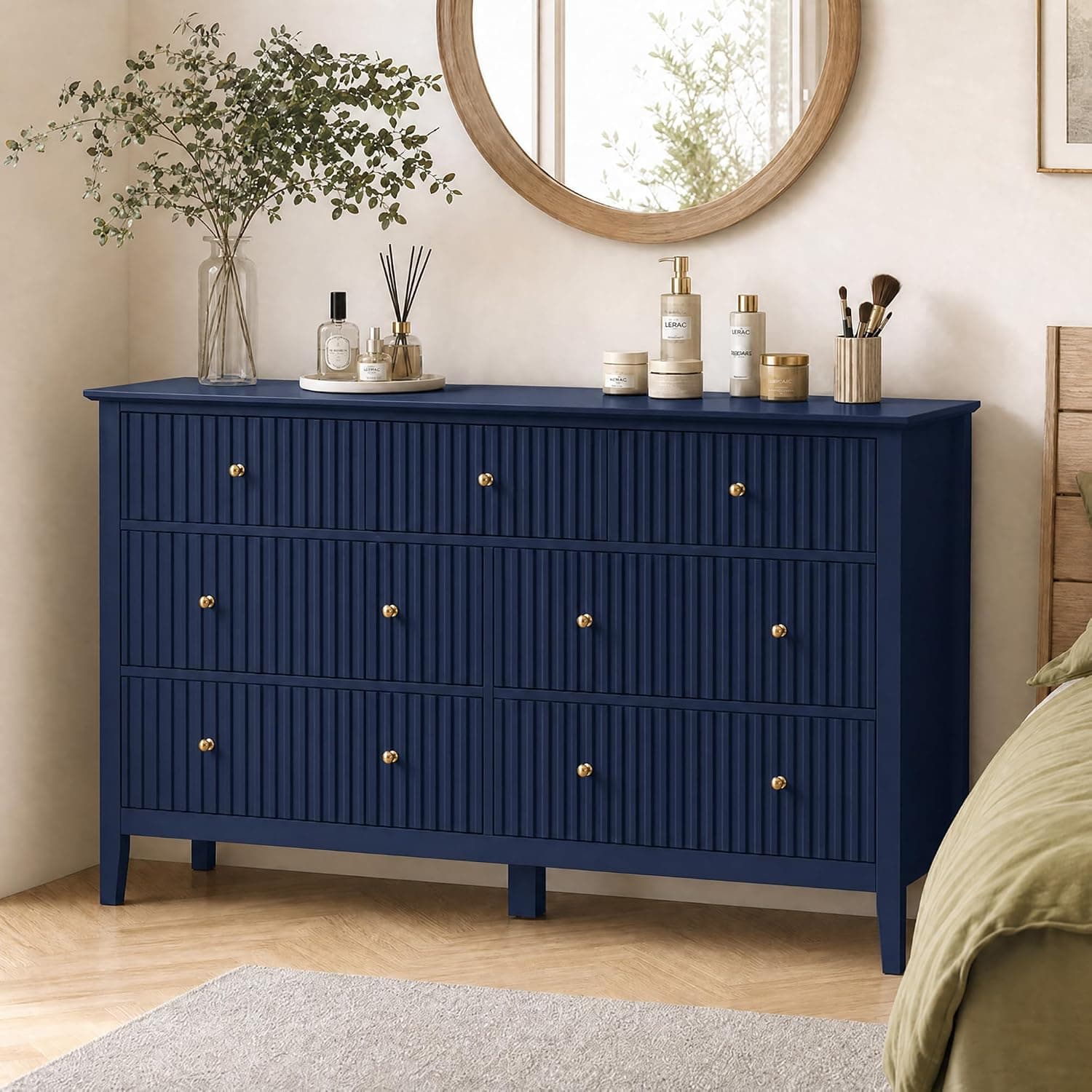 RoyalCraft 32" Large Nightstand, Fluted Painted Wood Dresser with 3 Spacious Drawers, Blue