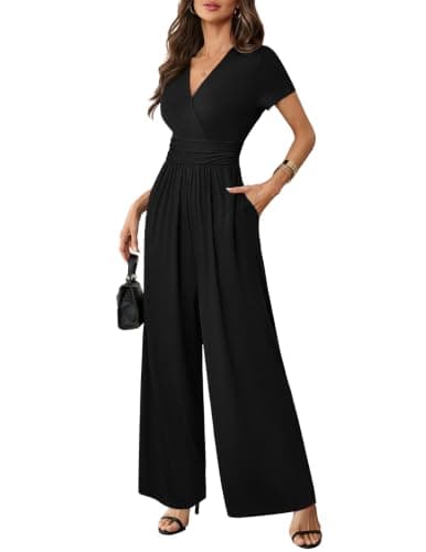 LOOKBOHO Women Jumpsuits Dressy Black Short Sleeve Wide Leg Pants Rompers