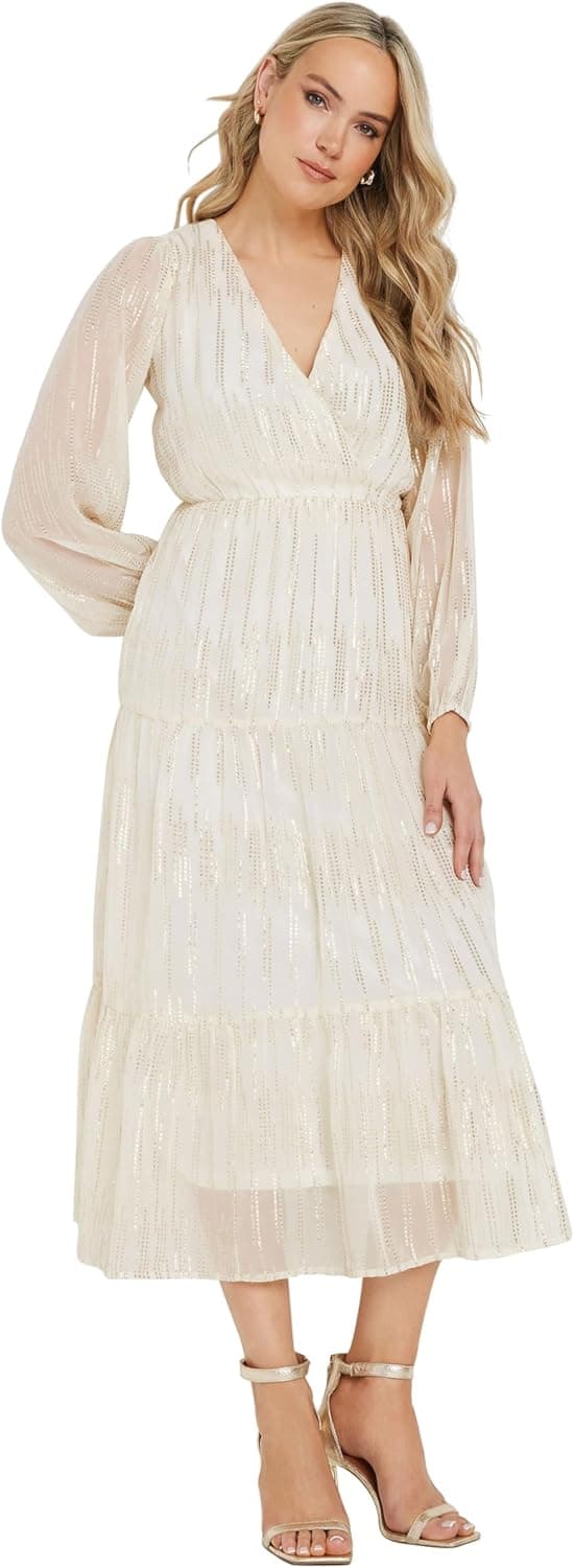 Long Tall Sally LTS Tall Metallic Dash Tiered Maxi Dress (Ivory)