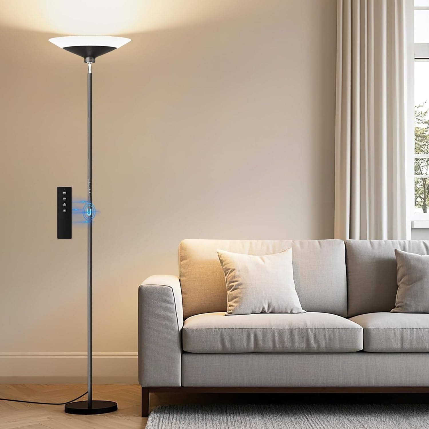 SIBRILLE Torchiere Floor Lamp - 72" Tall LED Standing Lamp with Remote/Button Control, 1800Lm, Dimmable, Black
