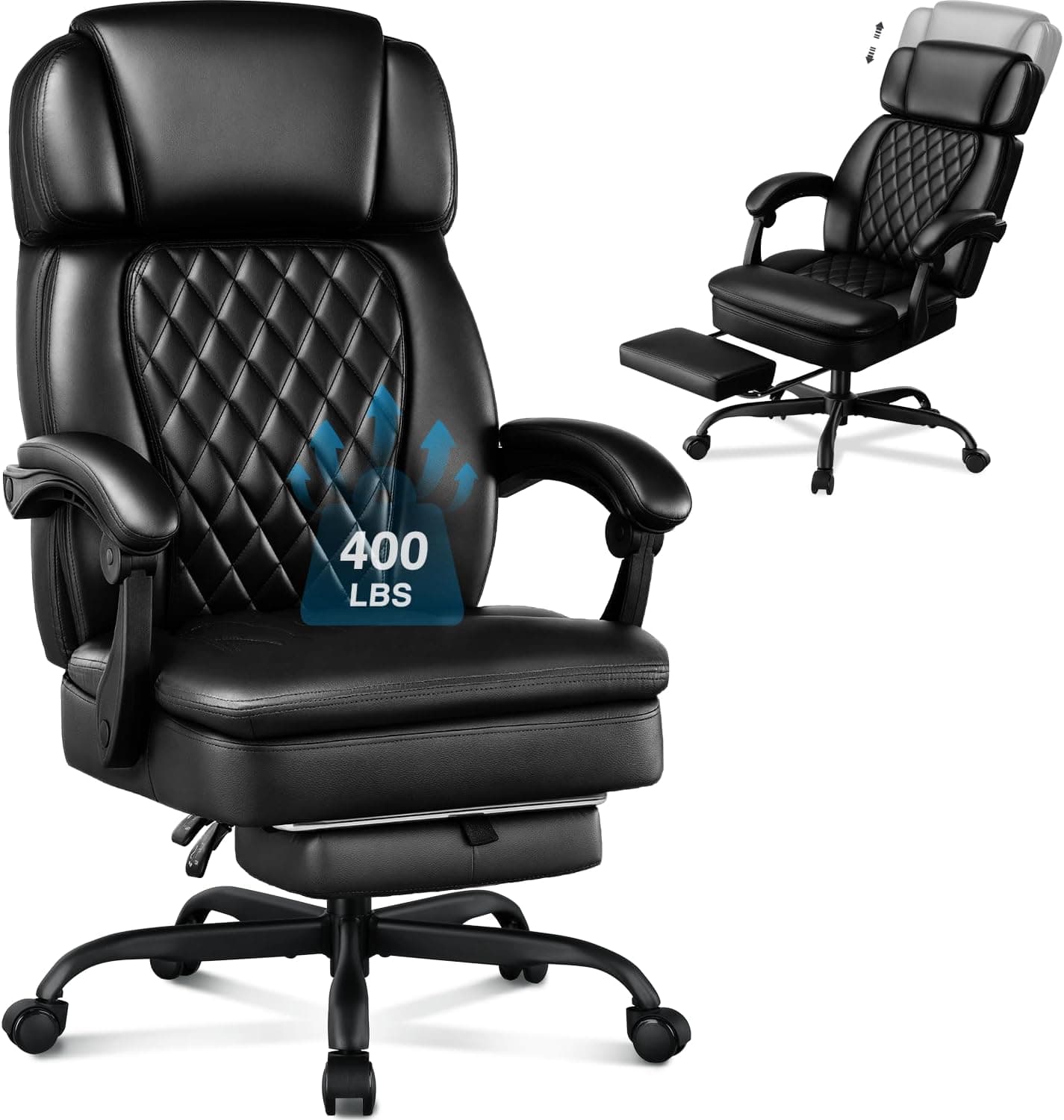 400lbs Executive Office Chair with Foot Rest for Heavy People, Big and Tall Desk Chair, Adjustable Headrest, High Back PU Leather