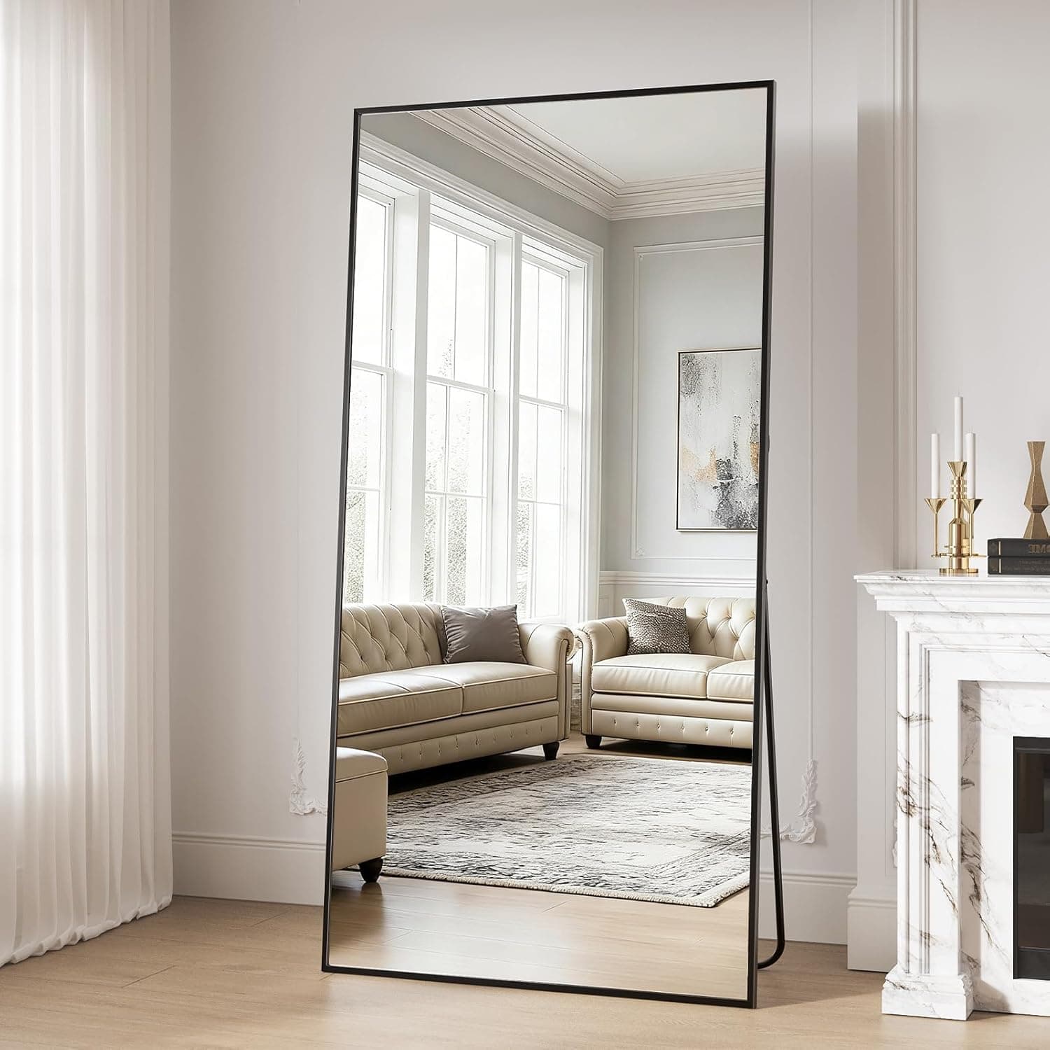 FlyEcho Full Length Mirror, 71"x30" Arched Full Body Mirrors, Large Floor Mirror with Stand, Hanging Mounted for Bedroom Living Room, Aluminum Alloy Frame, Black