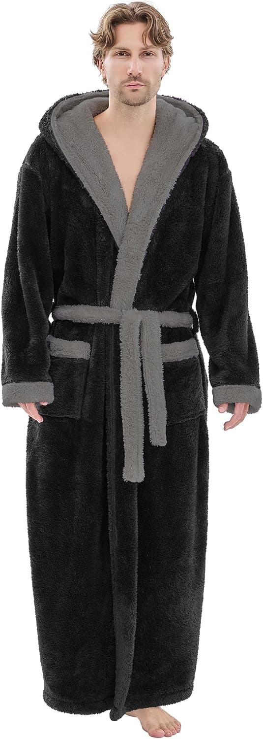 PJGGZ Mens Plush Robes Full Length, Big and Tall Fleece Hooded Bathrobe Warm Fluffy Cozy Winter Housecoat Floor Length