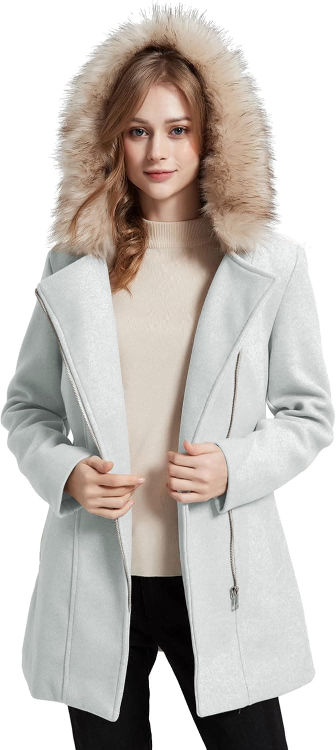 Bellivera Women Wool Blend Jacket Hooded Casual Trench Belted Coat with Collar