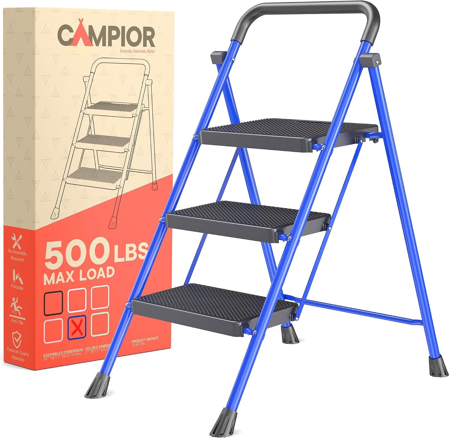 Blue 3 Step Stool Foldable Heavy-Duty for Adults, 500 lbs Capacity, Anti-Slip Steel Frame
