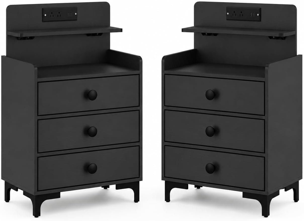 Rreyet 29" Nightstand Set of 2 with Charging Station, 3 Drawer with USB Ports and Open Shelf, Black