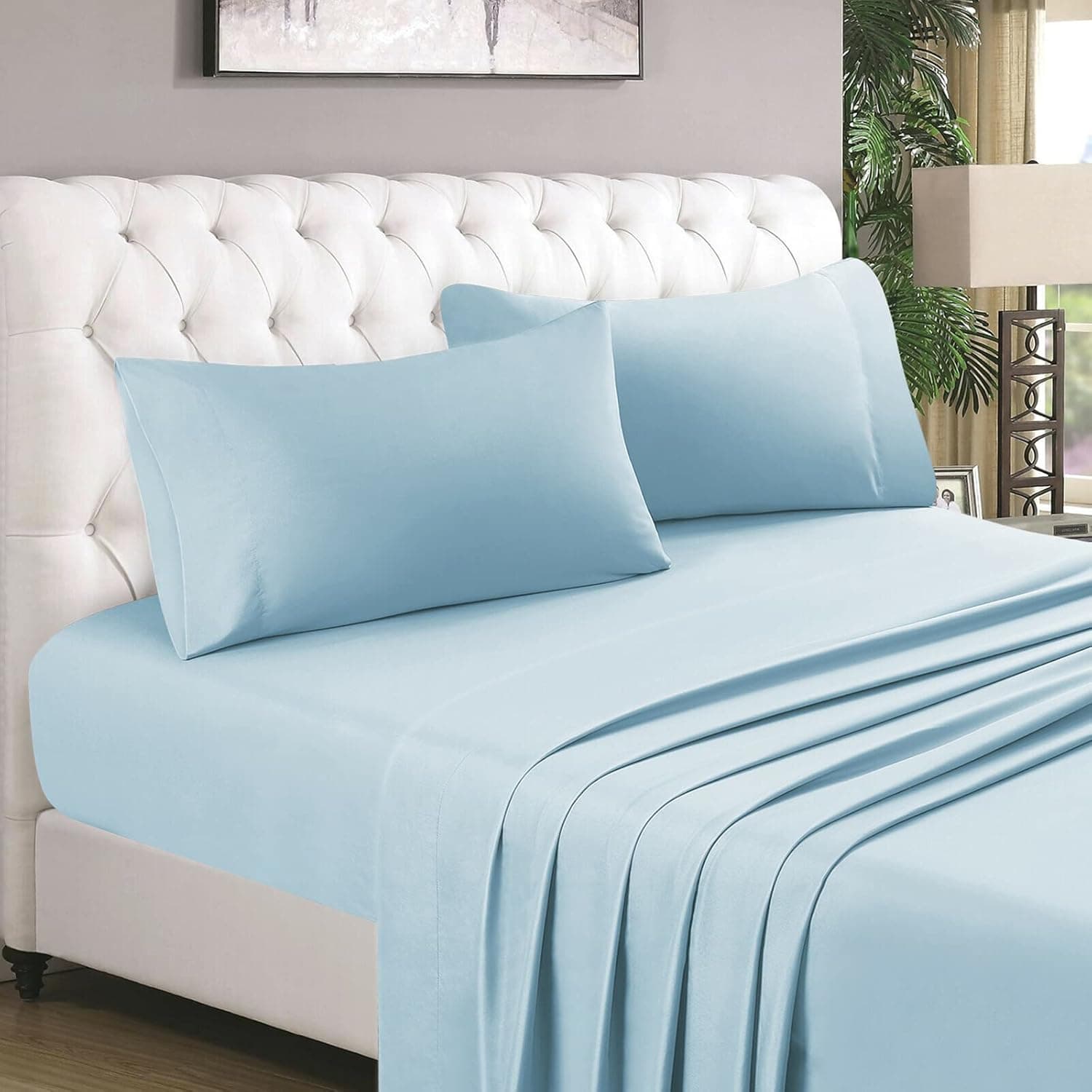 Cal King Sheet Set - 4 Piece - 100% Cotton Hotel Luxury Bed Sheets - Extra Soft - 18"-24" Deep Pocket Fitted Sheets - 800 Thread Count - Light Blue Solid