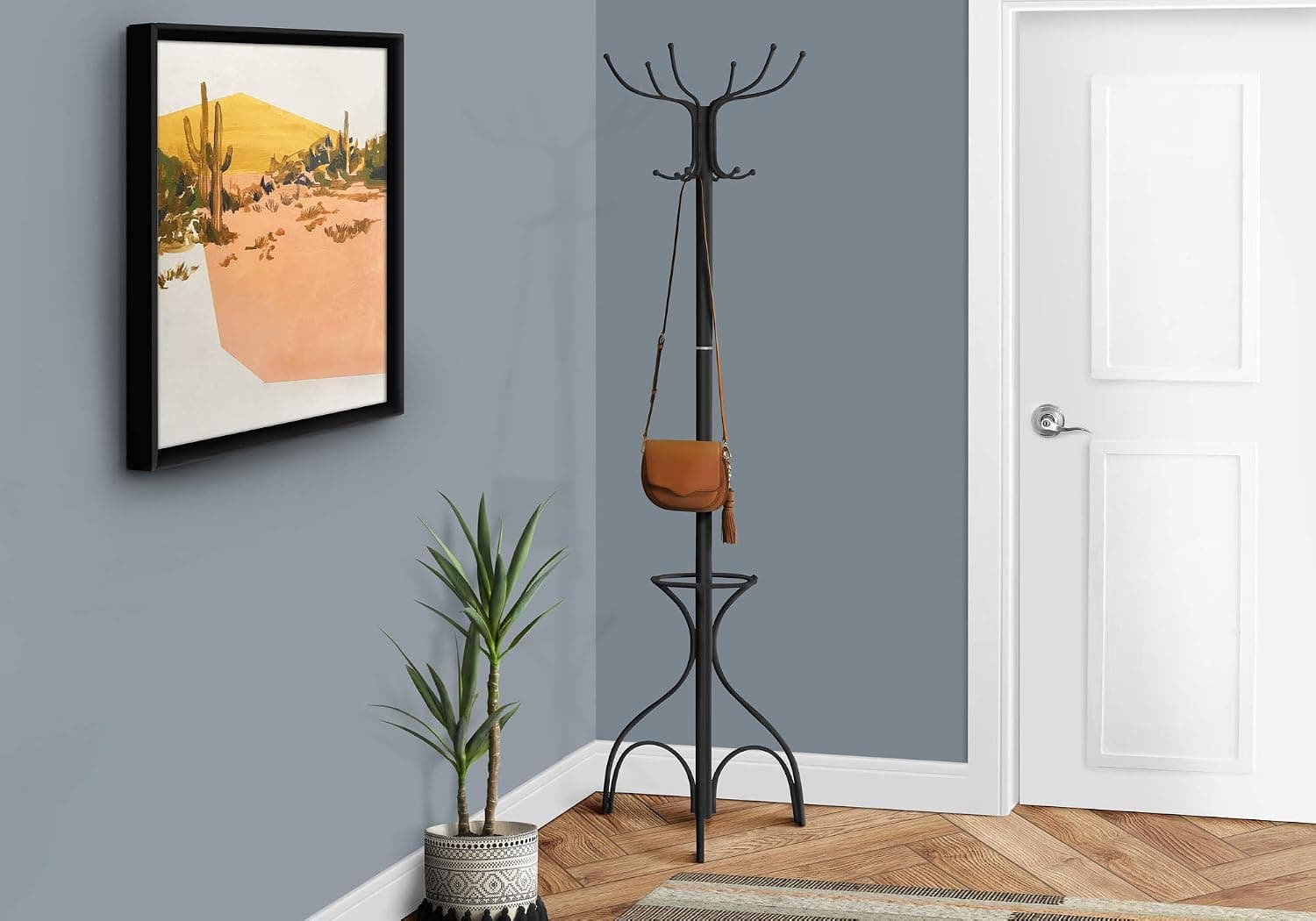 Coat Rack Hall Tree Free Standing, 12 Hooks, 70" H, Umbrella Holder, Black Metal, Transitional