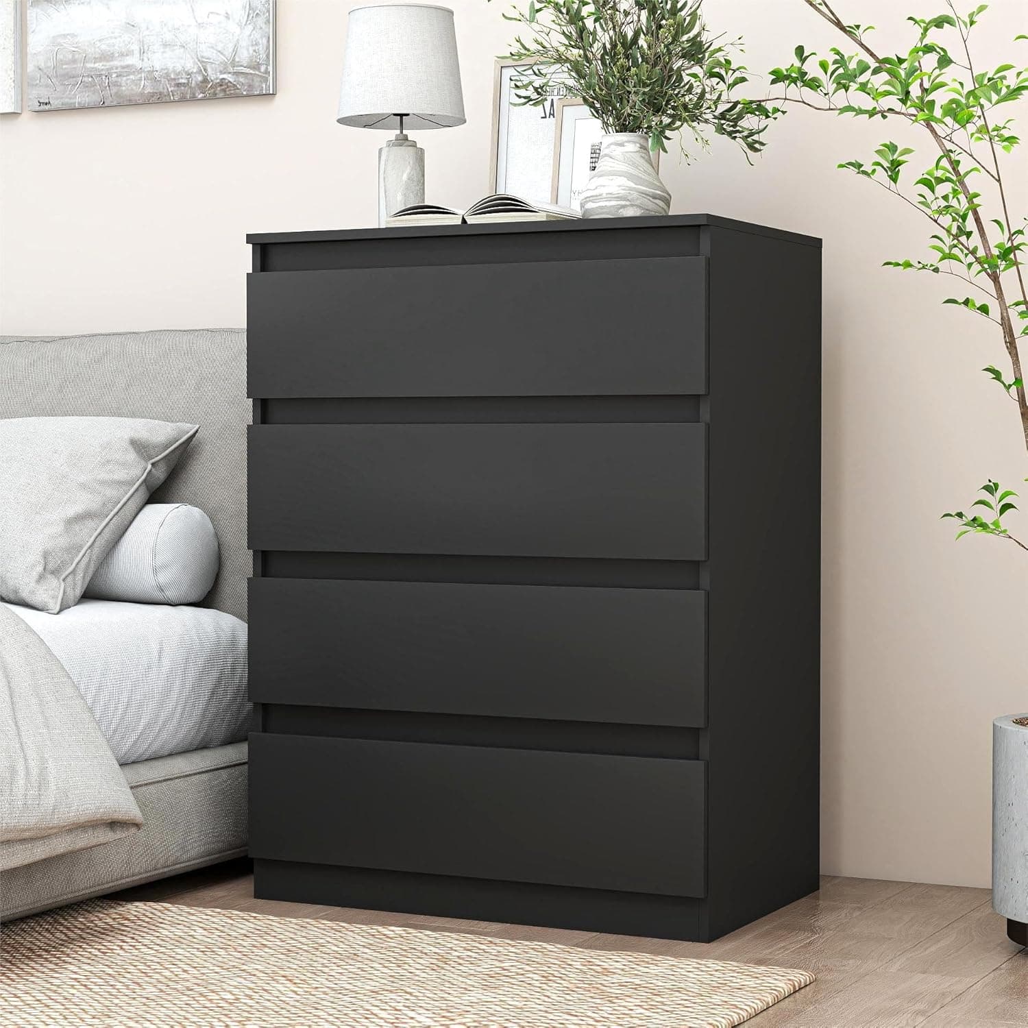 32"H Black Nightstand with 4 Drawers, Modern Tall Bedside Table with Storage, No-Handle Design