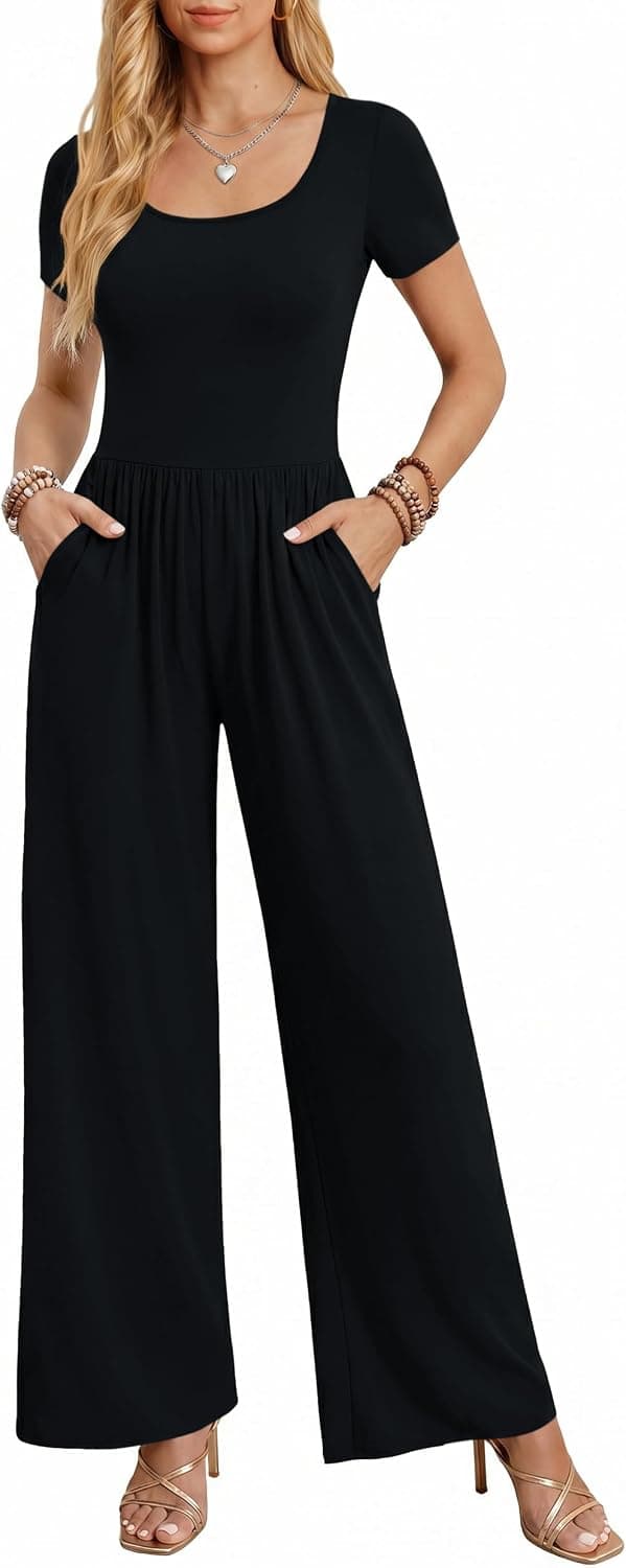 Ekouaer Summer Jumpsuits for Women Short Sleeve Wide Leg Romper Casual Square Neck One Piece Overalls with Pocket