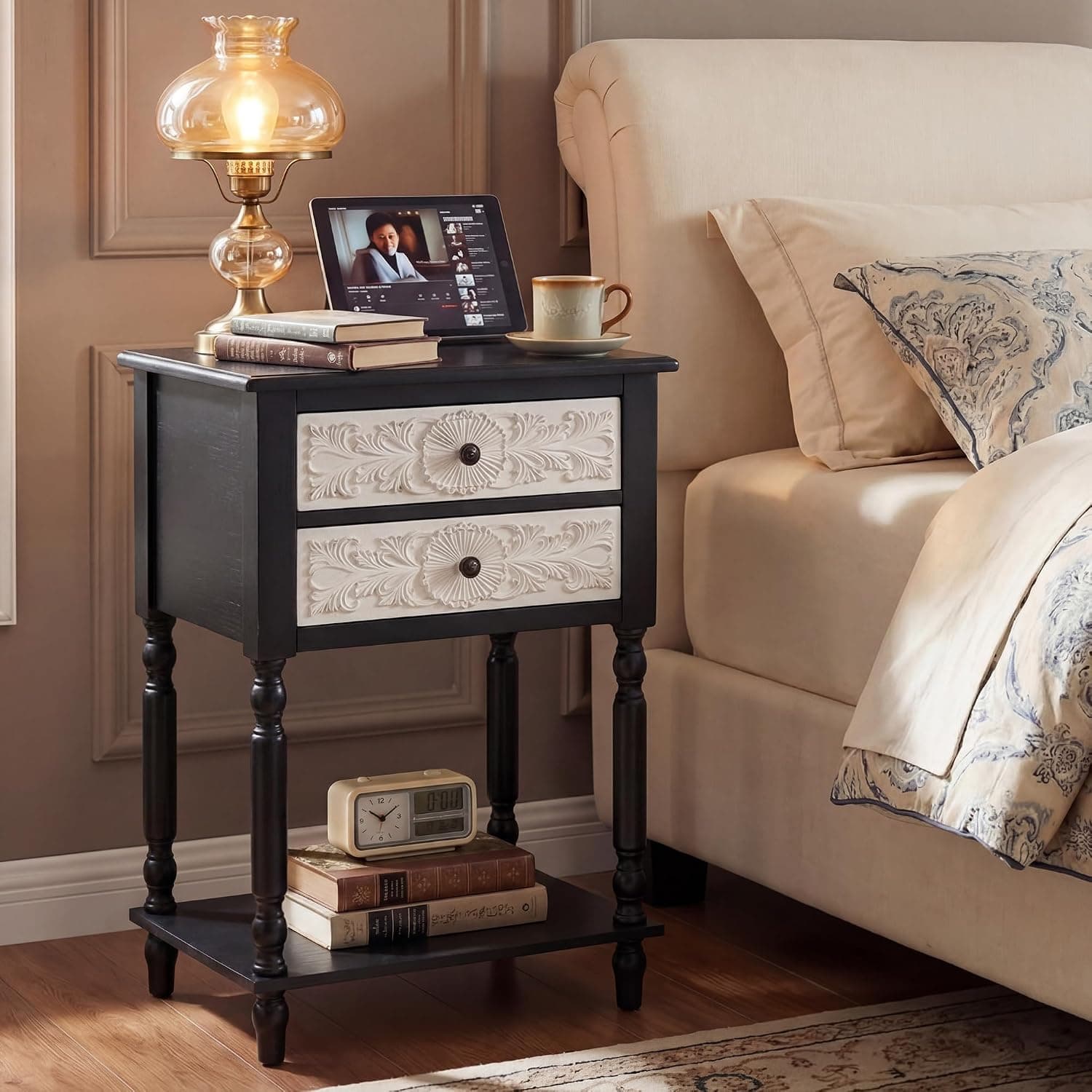 COSIEST Black 2-Drawer Nightstand with Open Shelf, 28.5 Inch Tall Two-Tone Vintage Bedside Table