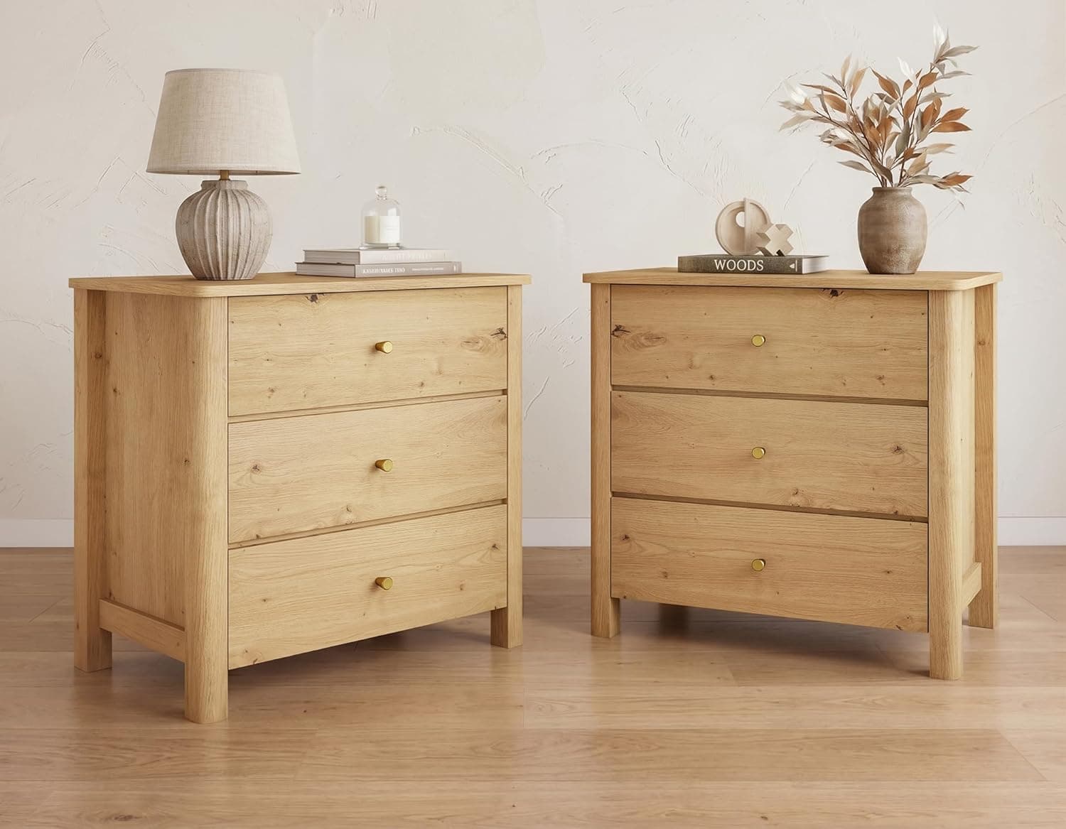 Insdq Large Oak Wood Nightstands Set of 2 with 3 Drawers, 27 Inches Tall Mid Century Bedside Tables