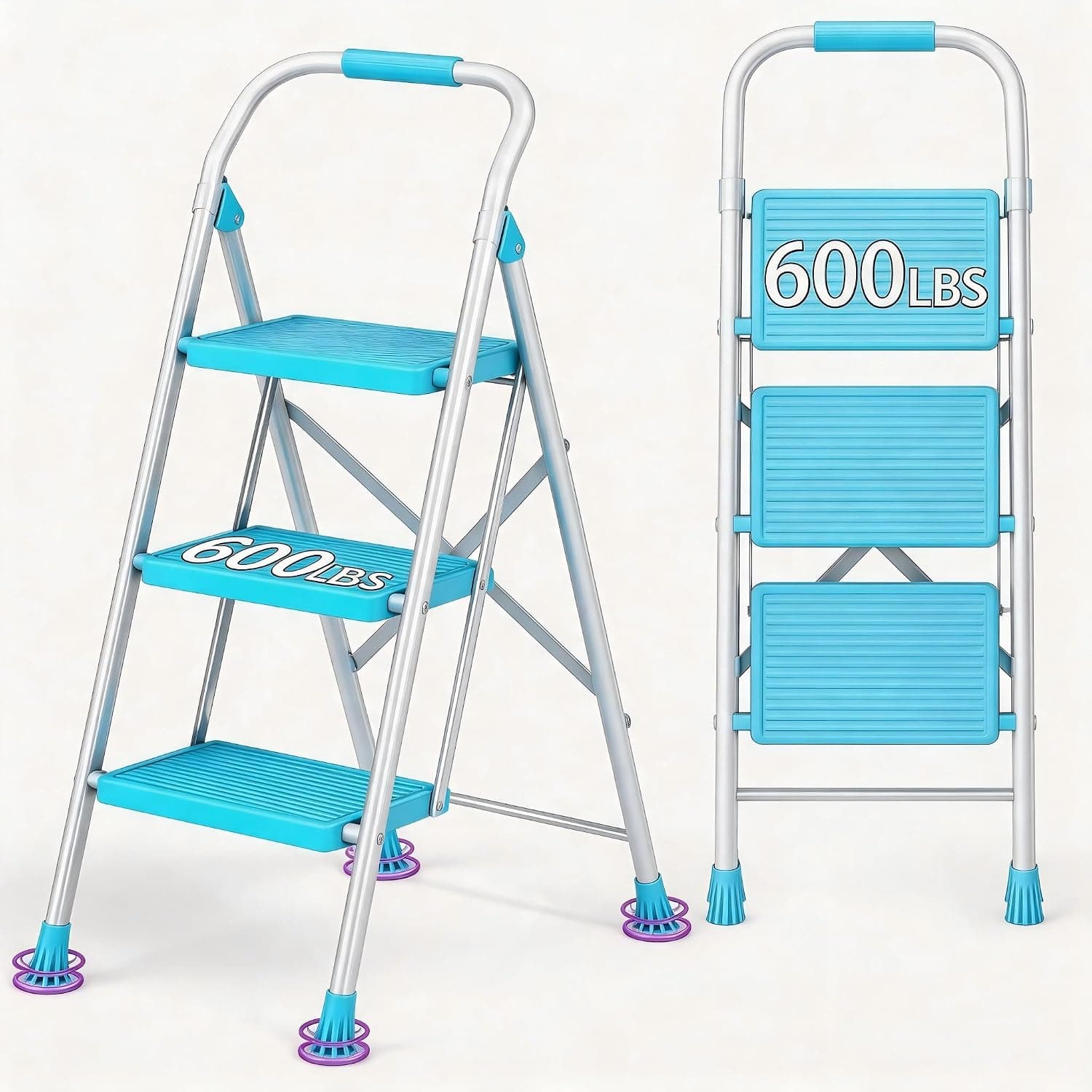 Step Ladder Foldable Folding Stool 3 Step Tall Heavy Duty with Handrails, Indoor 600Lbs