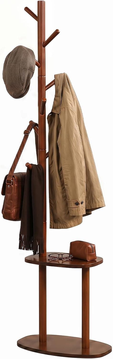 Giantex Coat Rack Freestanding, 70" Solid Wood Clothing Rack with 8 Hooks and 2 Storage Shelves, Wooden Hall Tree