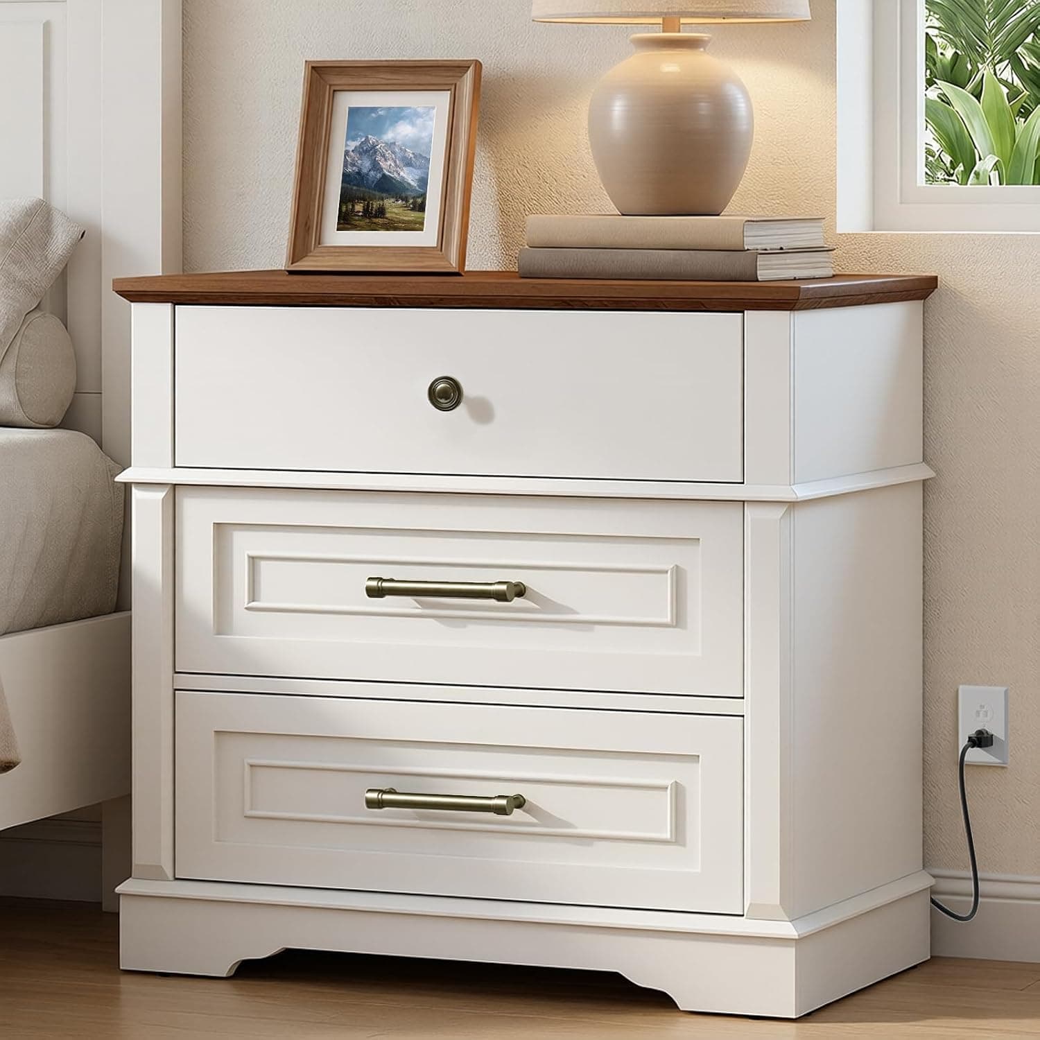 RALGEND 29.5" Tall Nightstand with Charging Station, 3 Drawer Farmhouse Night Stand, White and Walnut