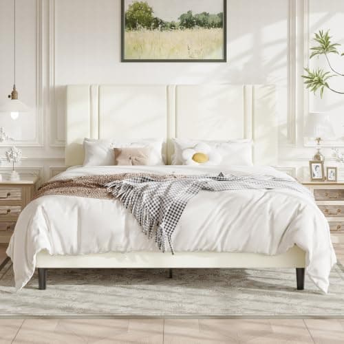 Allewie Cal King Platform Bed Frame with Velvet Upholstered Headboard | Upholstered Bed Frame with Adjustable Headboard, Vertical Channel Tufting, Sturdy Wood Slats, No Box Spring Needed, Cream