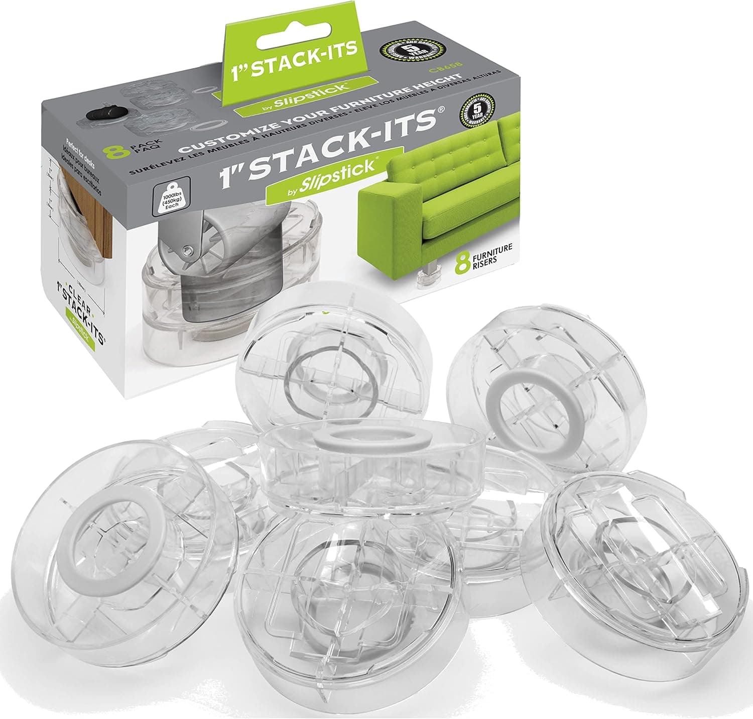 Slipstick CB658 Stack-Its 1 Inch Adjustable Bed Risers/Furniture Risers, Set of 8, Stacks to 3 Inches