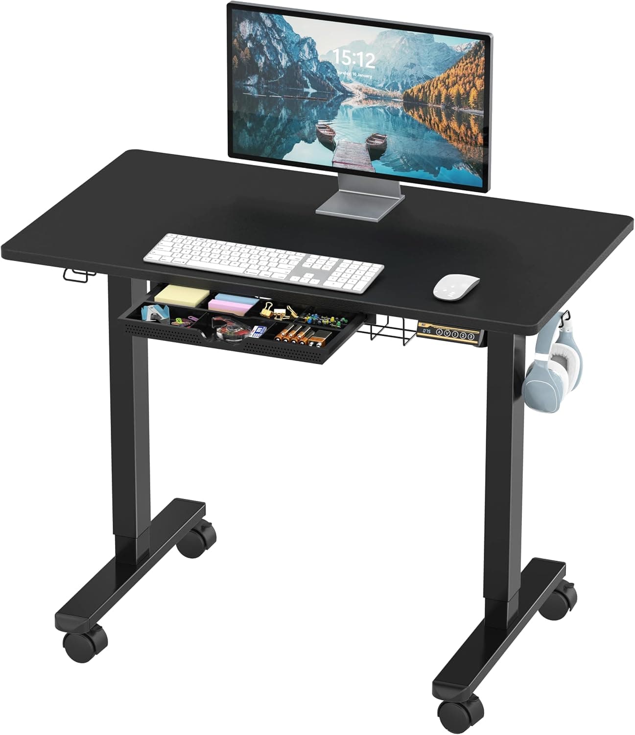 SHW 40-Inch Mobile Electric Height Adjustable Standing Desk with Drawer and Memory Presets, Black