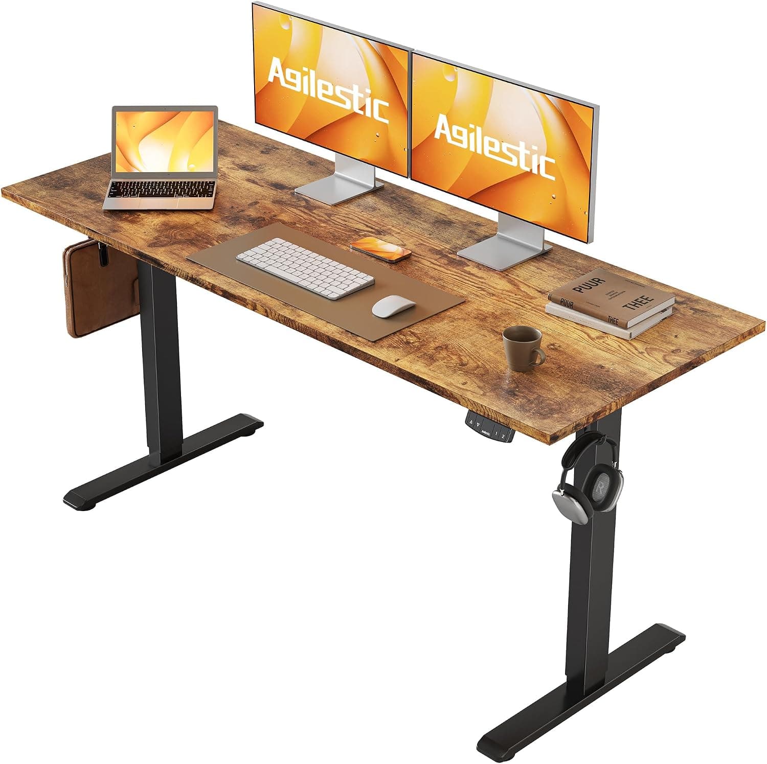 Agilestic Electric Standing Desk, 55 x 24 in Height Adjustable Sit Stand Desk with Memory Preset (Rustic Brown)