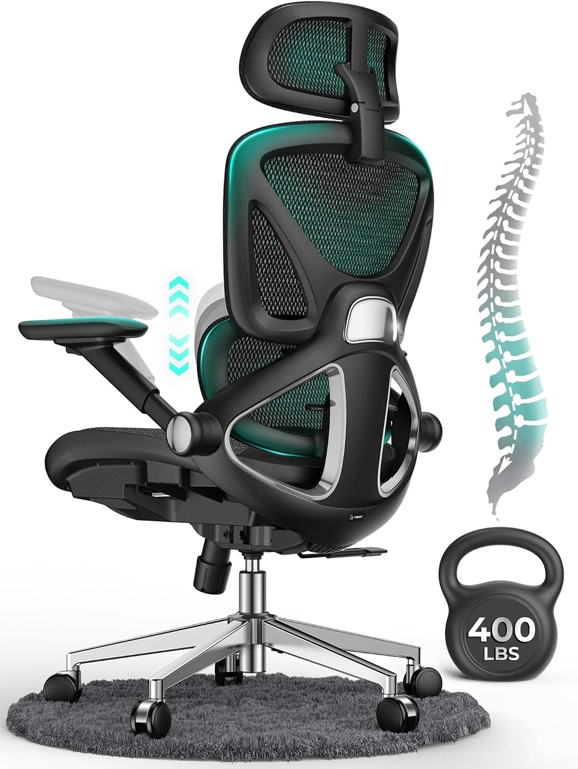 CAPOT Ergonomic Mesh Office Chair, Adjustable Lumbar High Back Desk Chair 400lbs, 4D Flip-up Arms, 3D Headrest