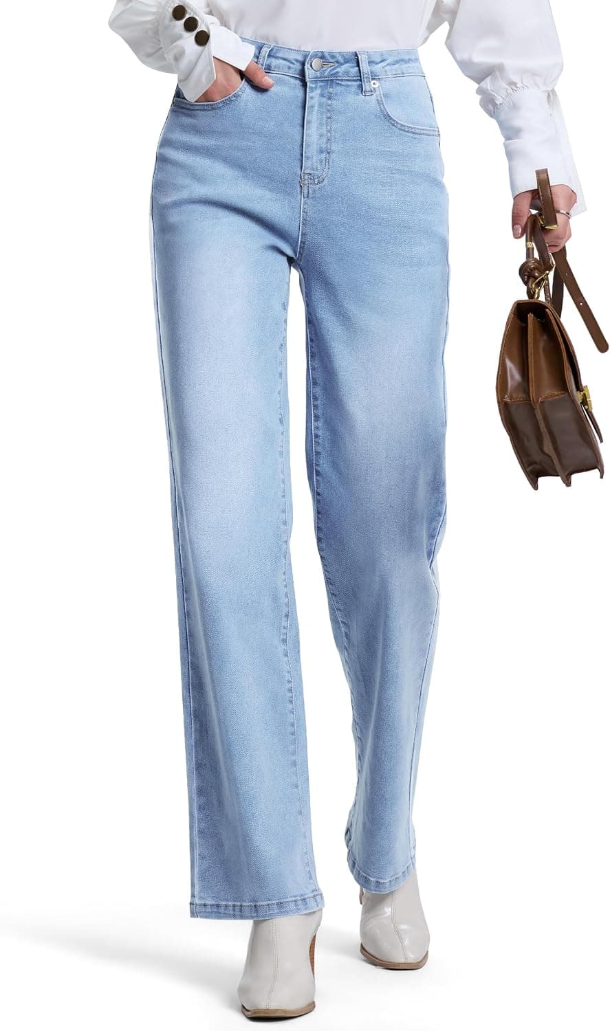 SEVEGO Women's 32"/34"/36" Tall Straight Leg Jeans Mid Waisted Stretchy Loose Denim (Light Blue)