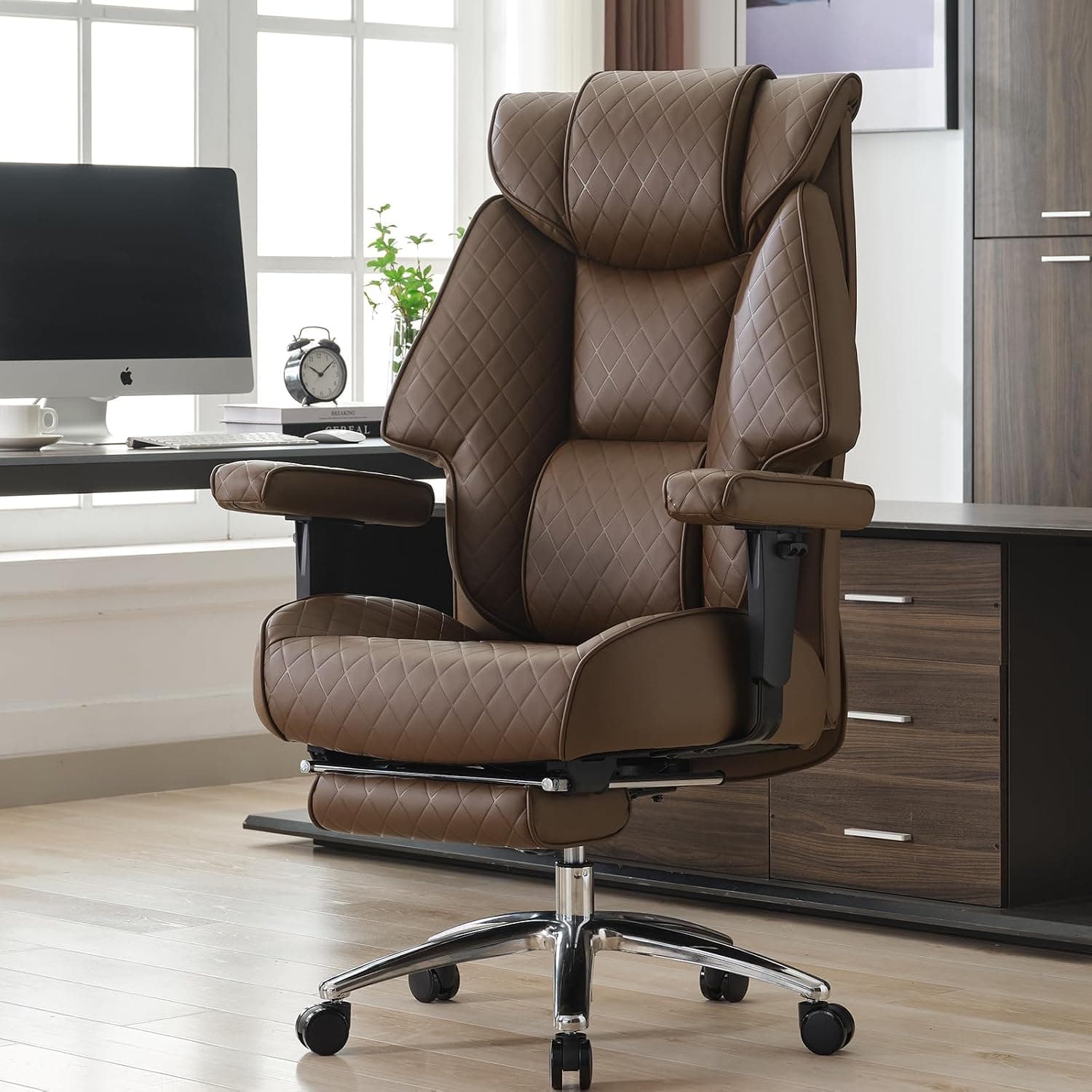 EXCEBET Big and Tall Office Chair with Footrest, PU Leather High Back Executive Office Chair 400lbs, Ergonomic Lumbar Support (Brown)