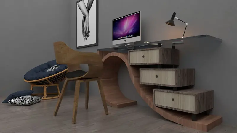 Sleek and stylish home office with wooden furniture and glass desk